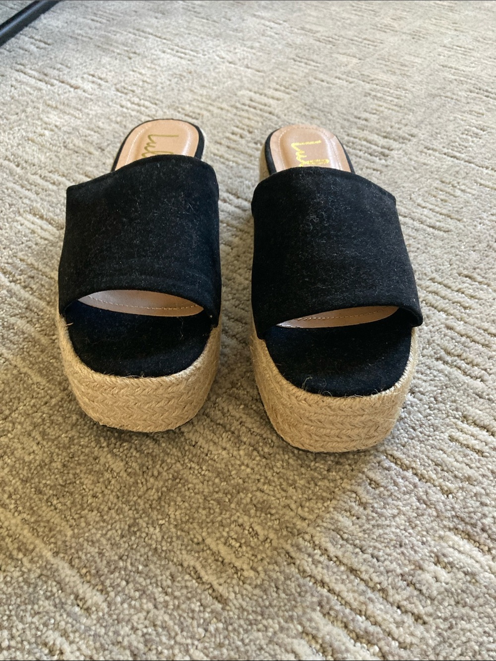 Lulu's Black Suede-Look Espadrille Platform Slides